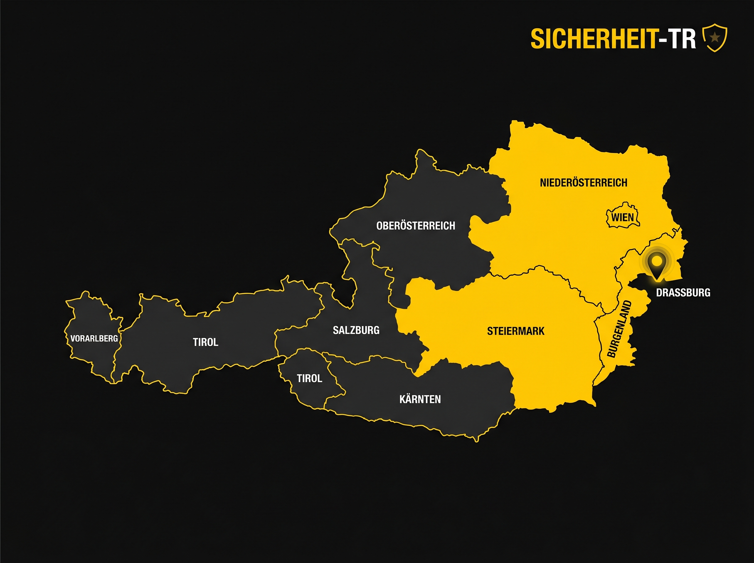 Karte Österreich – Einsatzgebiete Sicherheit-TR: Burgenland, Niederösterreich, Wien, Steiermark hervorgehoben