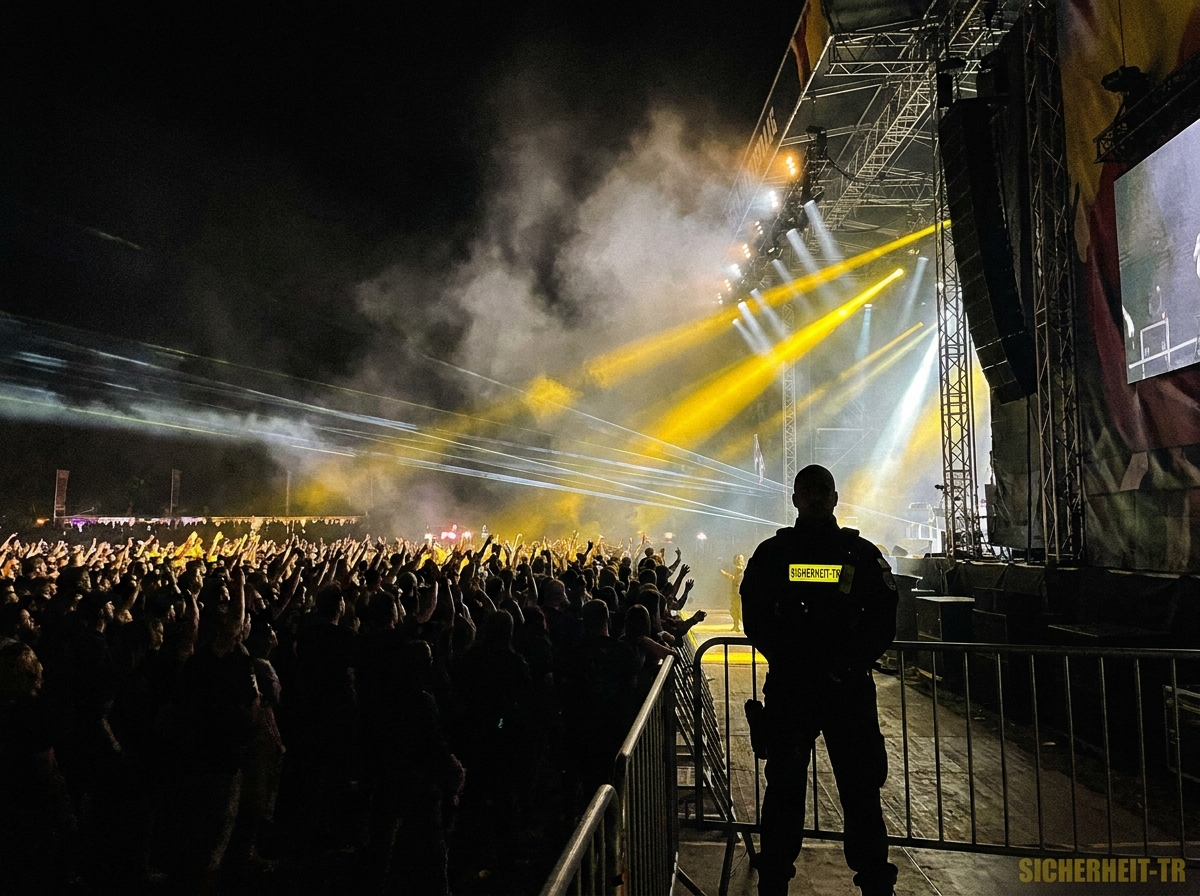 Sicherheits­dienst am Festival vor der Bühnen-Barriere mit gelben Bühnenlichtern