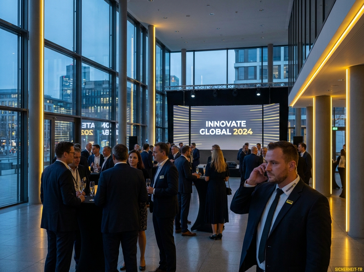 Modernes Firmenevent in Glasarchitektur mit Sicherheits­personal in Anzug und Earpiece