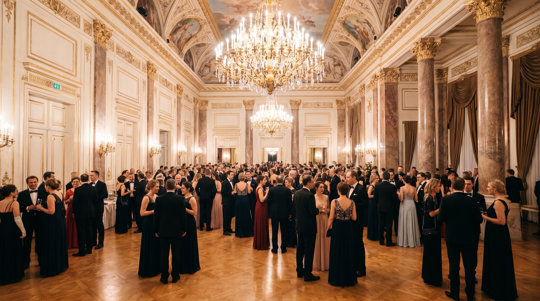 Festsaal mit Tänzern bei einem traditionellen Wiener Ball in der Hofburg