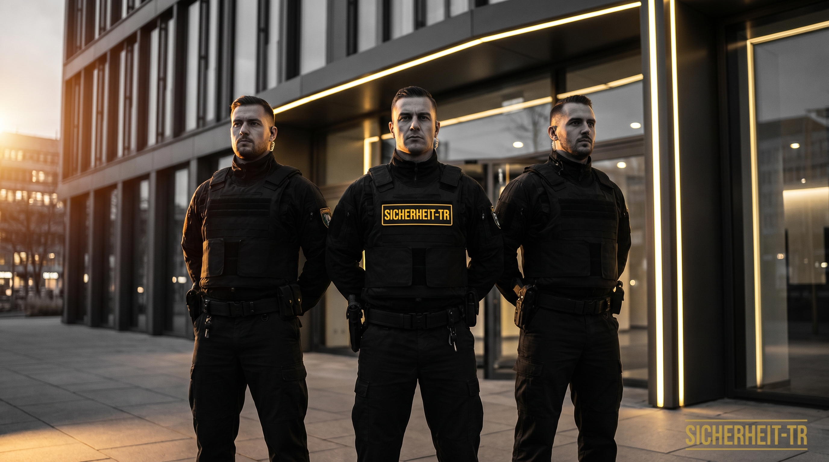 Sicherheit-TR Team in Tactical Uniform vor modernem Gebäudeeingang